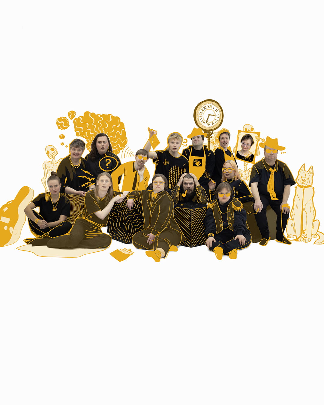 På bilden är en grupp med människor, 14 personer, klädda i svart. De står och sitter i olika positioner. Någon ser glad ut, någon ser förvånad ut, någon ser misstänksam ut och någon ser förskräckt ut. Alla tittar rakt in i kameran. På fotografiet har det lagts till illustrationer i klar pink färg. Alla personer har illustrerade pinka kläder eller detaljer på sig, så som hattar, glasögon, solglasögon eller en pipa i mungipan. Bakom människorna finns grafiska element och figurer, som benrangel, en hund och en klocka.