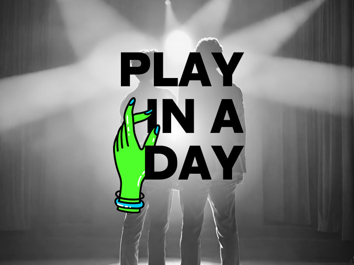 Två personer syns i bakgrunden. Texten Play in a day och en grön hand bredvid.